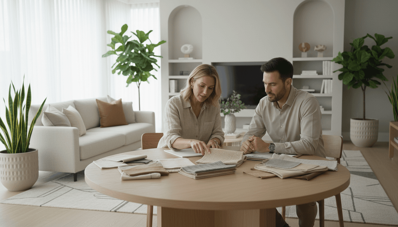 Designer and client reviewing fabric samples during a consultation