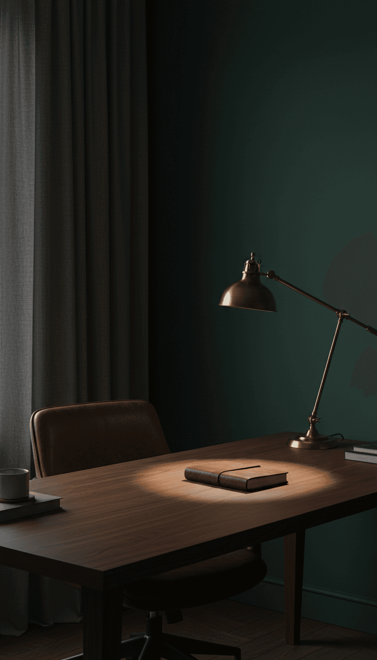 Moody home office with walnut desk