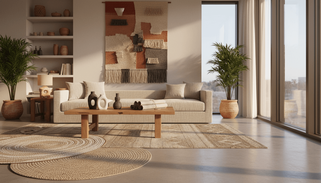 A cozy, thoughtfully styled living room with soft neutral tones and natural textures